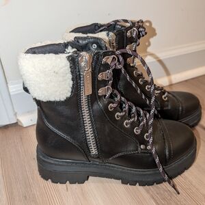 Black Shearling-Trim Combat Boots with Side Zipper
